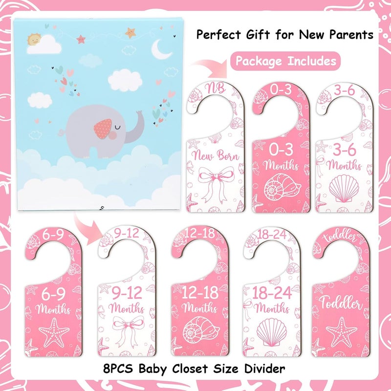 CORNER LACE Baby Closet Dividers 8PCS, Pink Shell & Bows Themed Wooden Double-Sided Clothes Size Hanger/Organizer from Newborn to Toddler for Nursery Decor Baby Shower Birthday Party Gift - Image 5